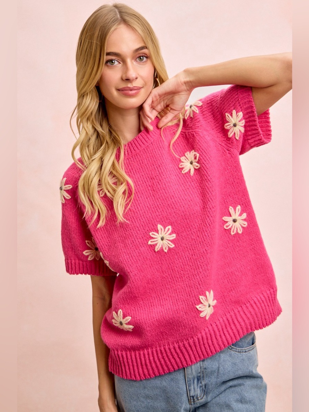 BiBi Flower Embroidered Short Sleeves Knit Top🛍️